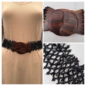 Bohemian Elastic Beaded Belt with Statement Wooden Buckle